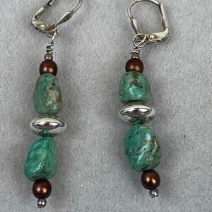 Sterling Silver Pearl and Natural Turquoise Stone Dangle Drop Earrings